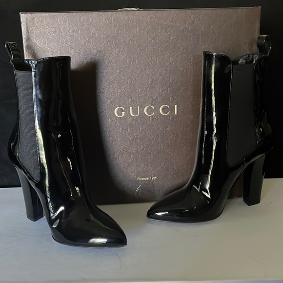 GUCCI WOMENS PATIENT LEATHER POINTED TOE HEEL PULL ON BOOTS PRE OWNED BLACK 8M - Picture 1 of 13